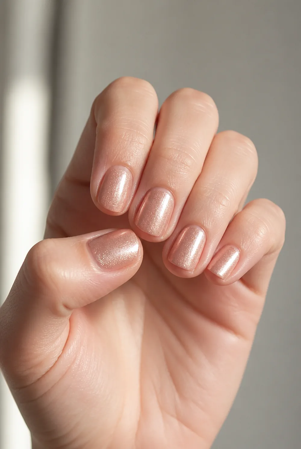 rose gold shimmer nail art on fair skin short length - PolishedAndPrettyNails.com rose gold shimmer nail art on fair skin, short length