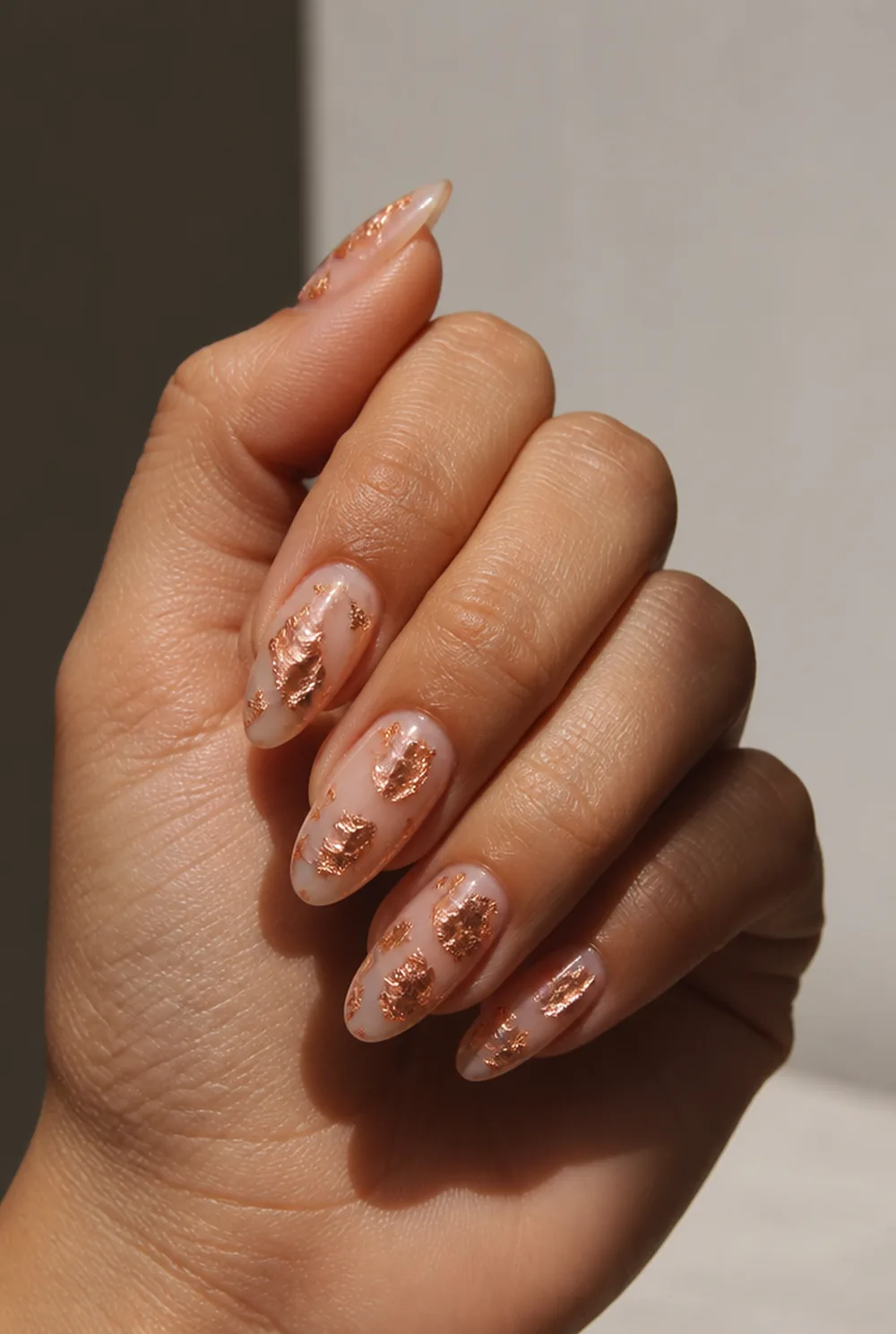 rose gold foil nail art on olive skin long length - PolishedAndPrettyNails.com rose gold foil nail art on olive skin, long length