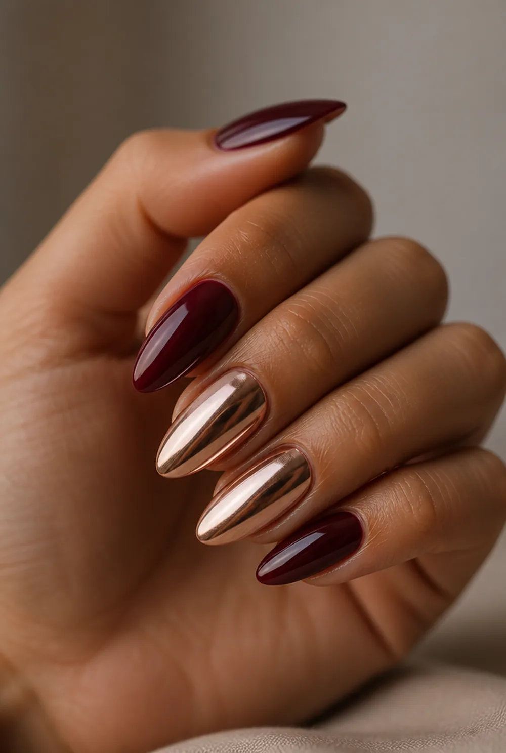 rose gold and burgundy nail art on olive skin long length - PolishedAndPrettyNails.com rose gold and burgundy nail art on olive skin, long length