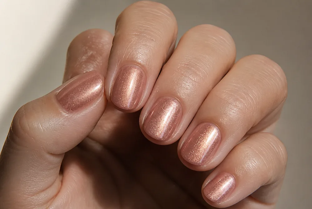 rose gold shimmer New Years nails on short round nails - PolishedAndPrettyNails.com rose gold shimmer New Years nails on short round nails