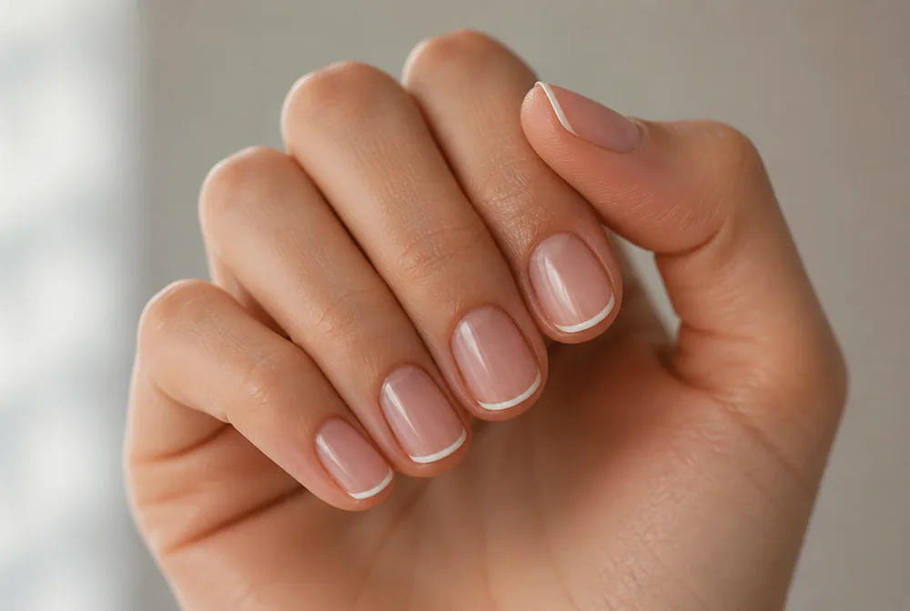 round french tip nails with thin white edge