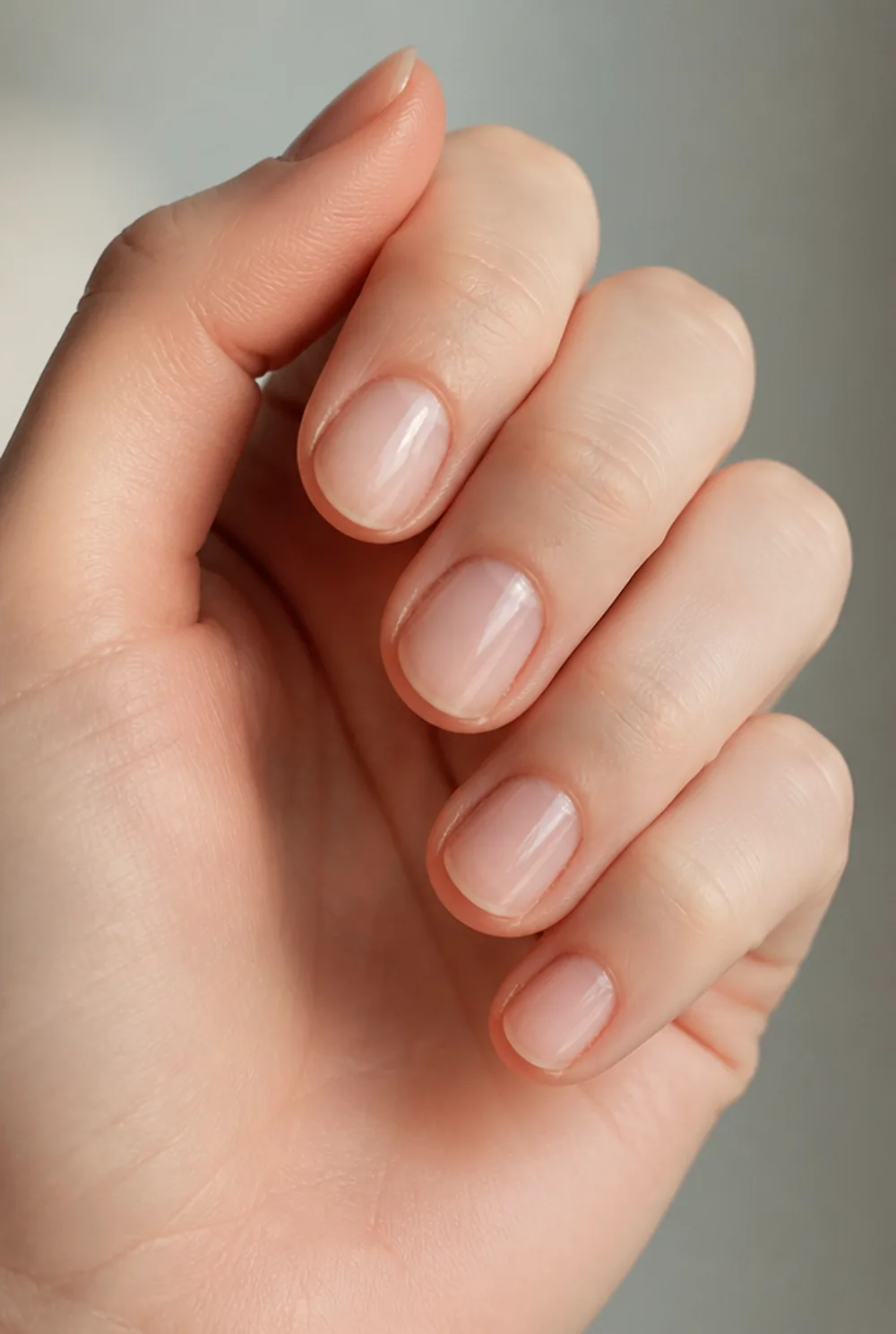 bare buffed round nail art on fair skin, short length
