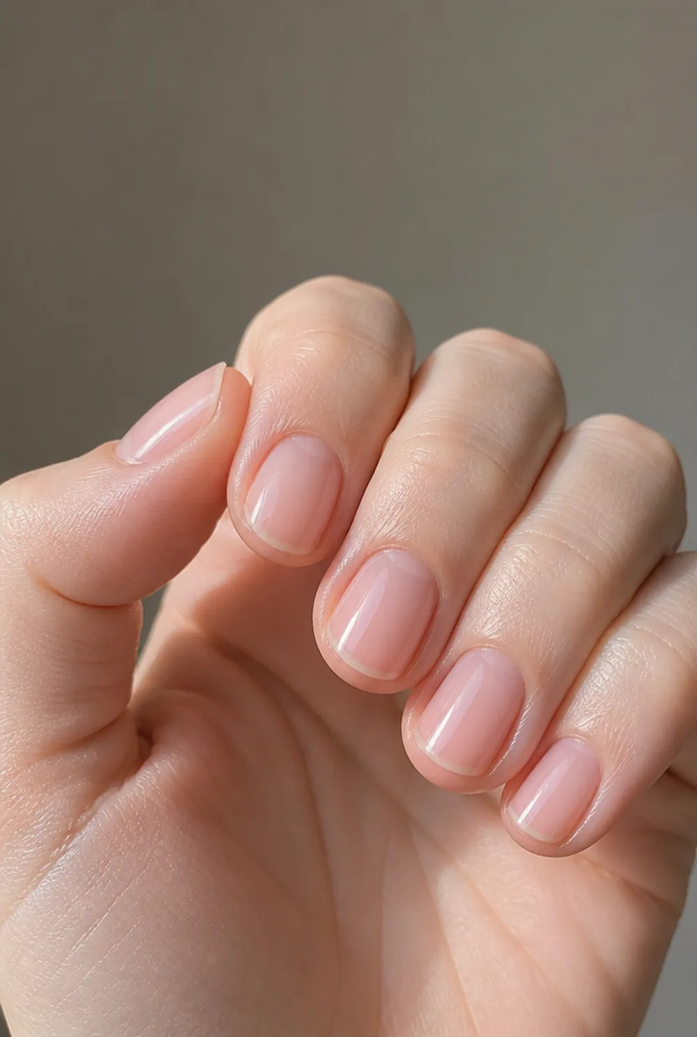 round jelly pink nail art on fair skin, short length