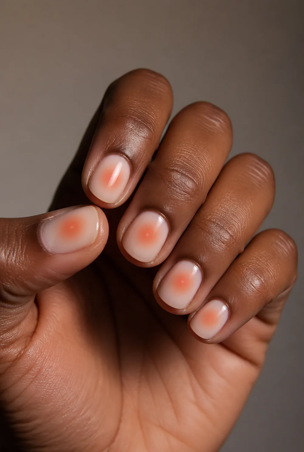 round aura nail art on deep brown skin