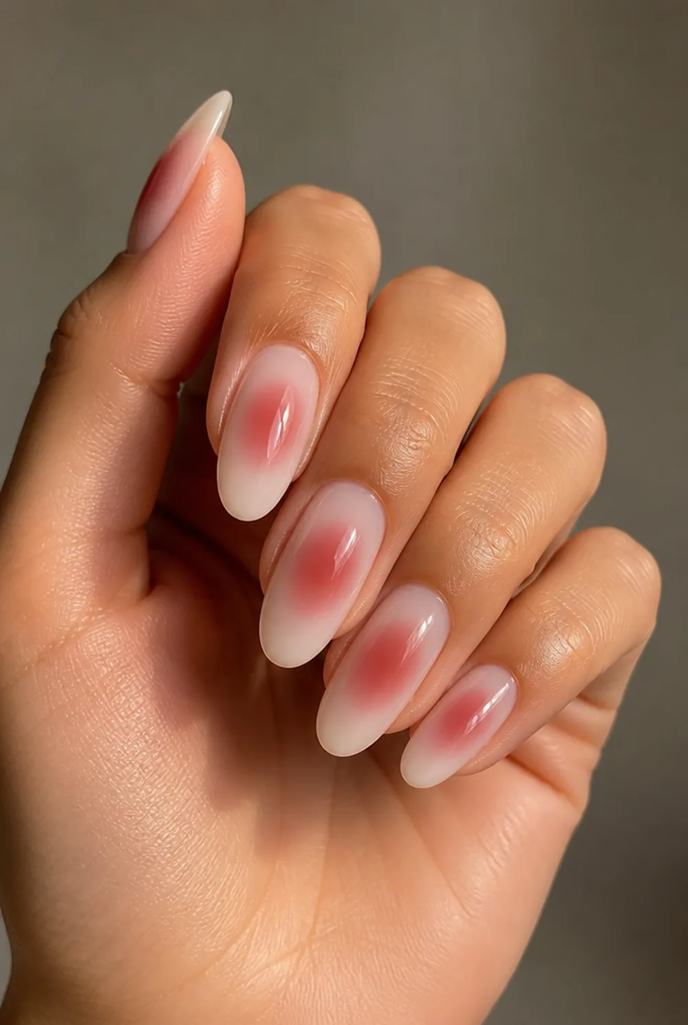 round aura nail art on olive skin, long length