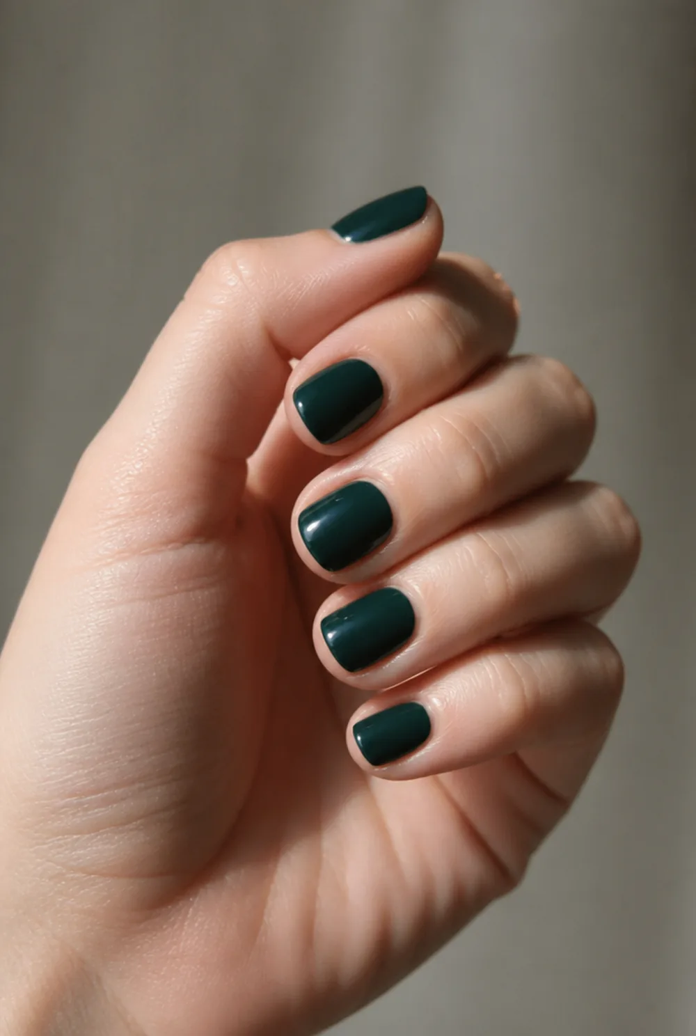 round green nail art on fair skin, short length