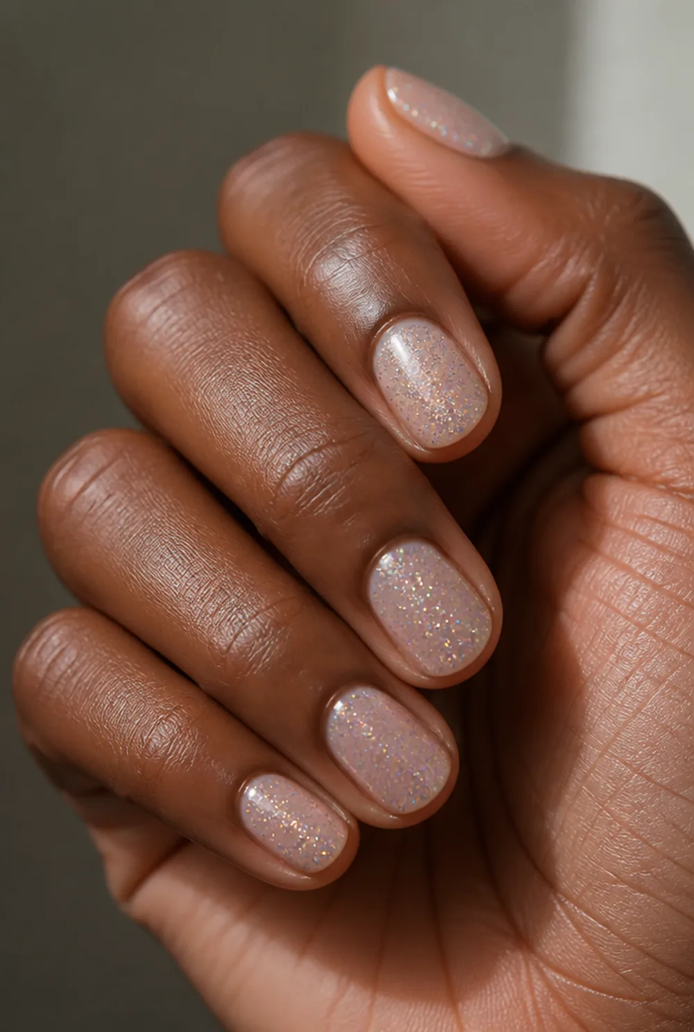round glitter topper nail art on deep brown skin