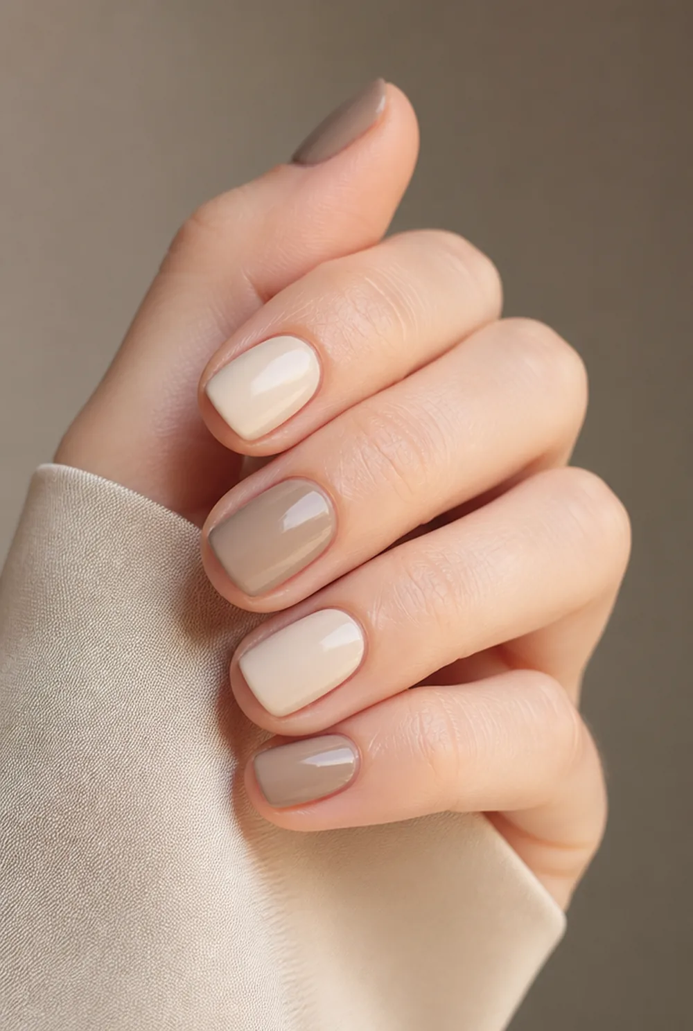 round two-tone nail art on fair skin, short length
