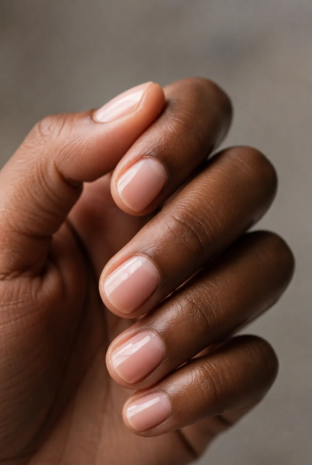 sheer pink round nail art on deep brown skin
