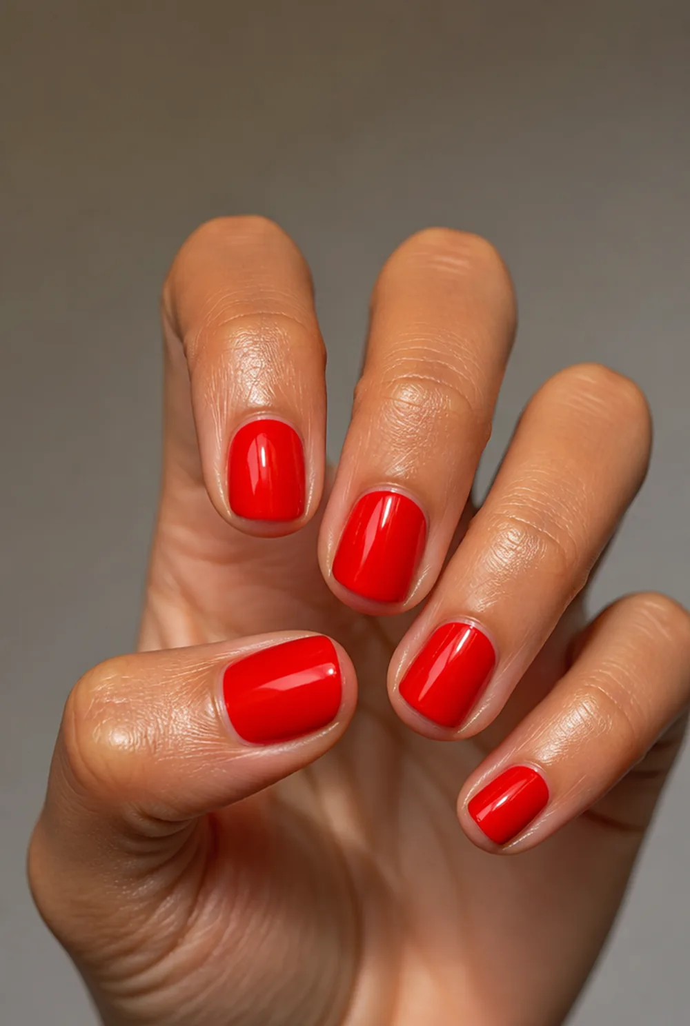 round red nail art on olive skin, long length