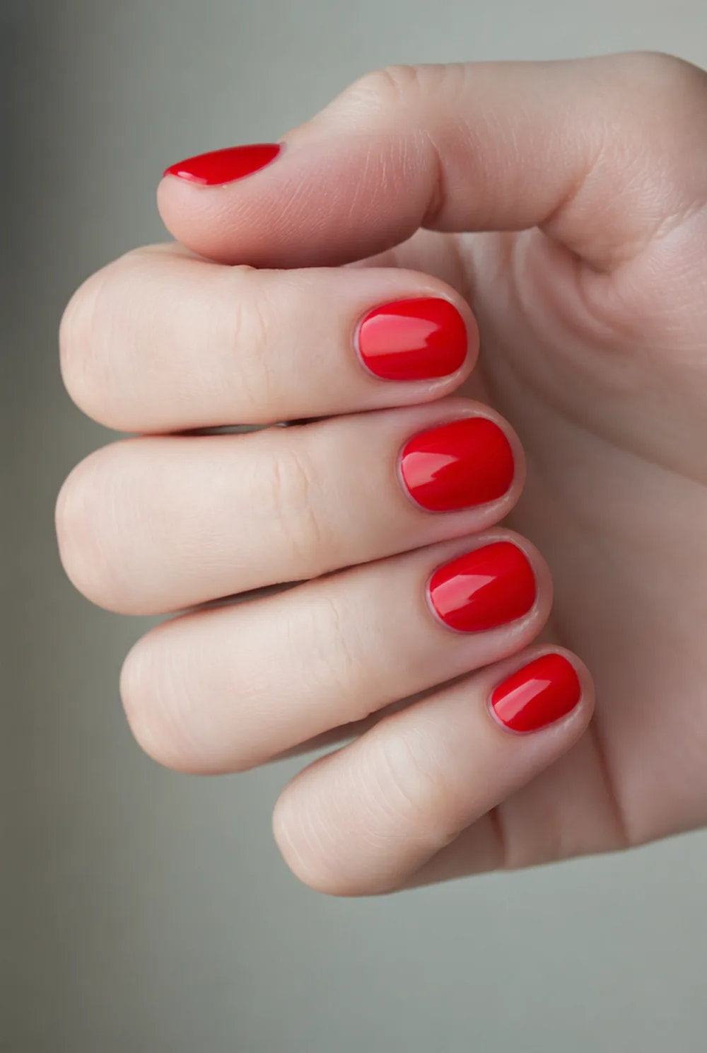 round red nail art on fair skin, short length