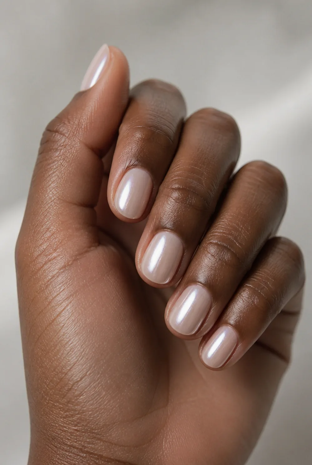 round chrome nail art on deep brown skin