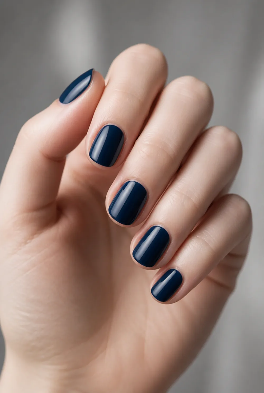 round navy nail art on fair skin, short length