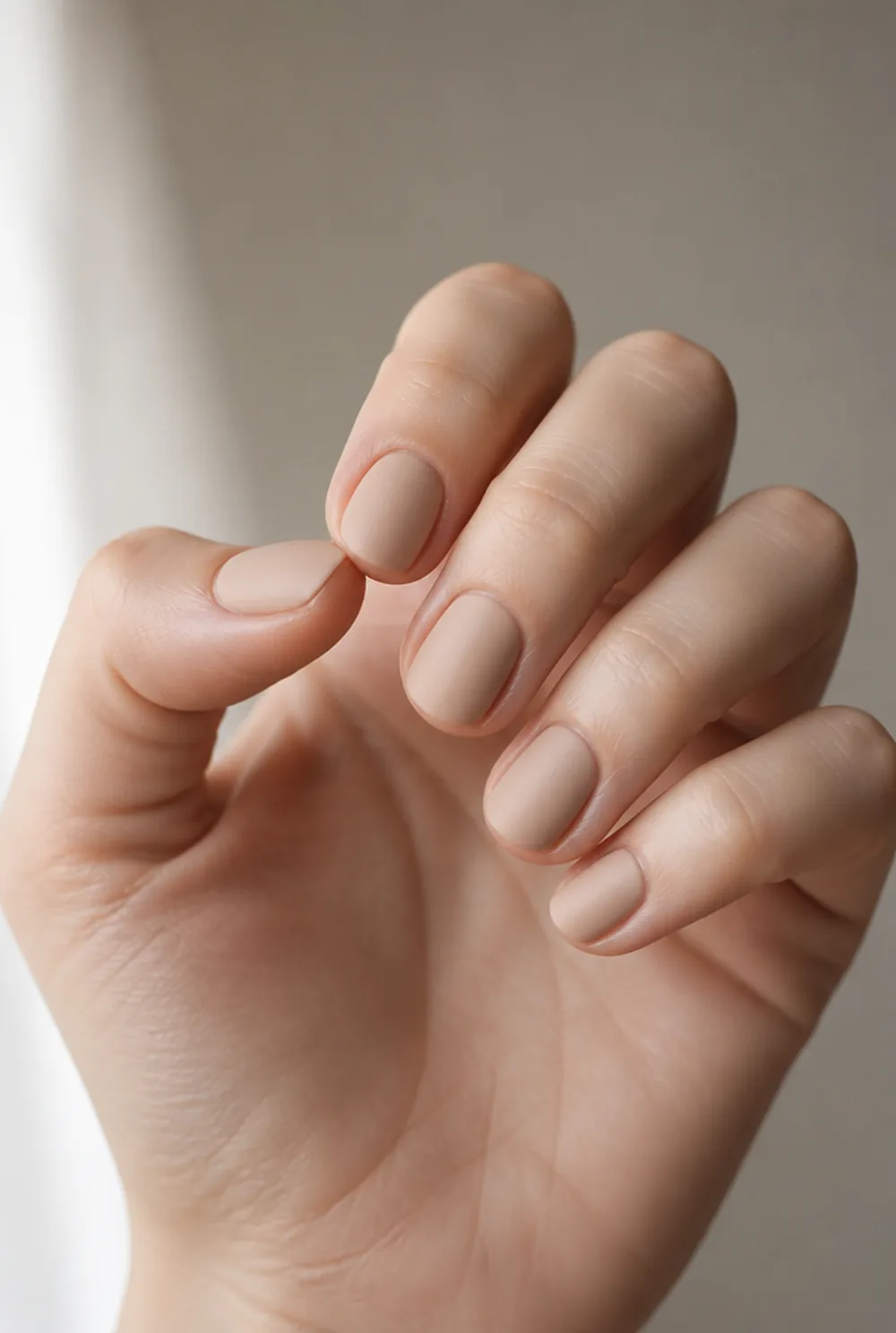 round matte nude nail art on fair skin, short length