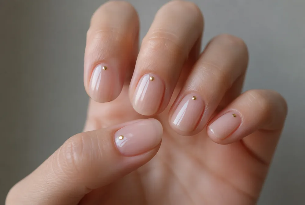 round nails with gold cuticle dot detail