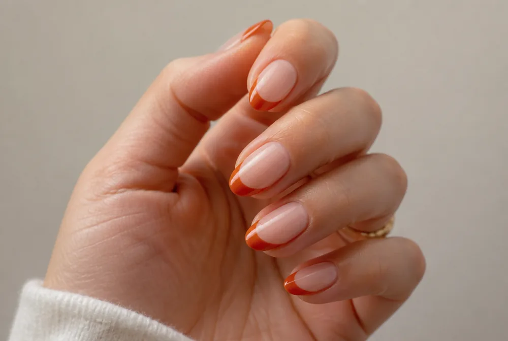 rust French tip October nails on nude base