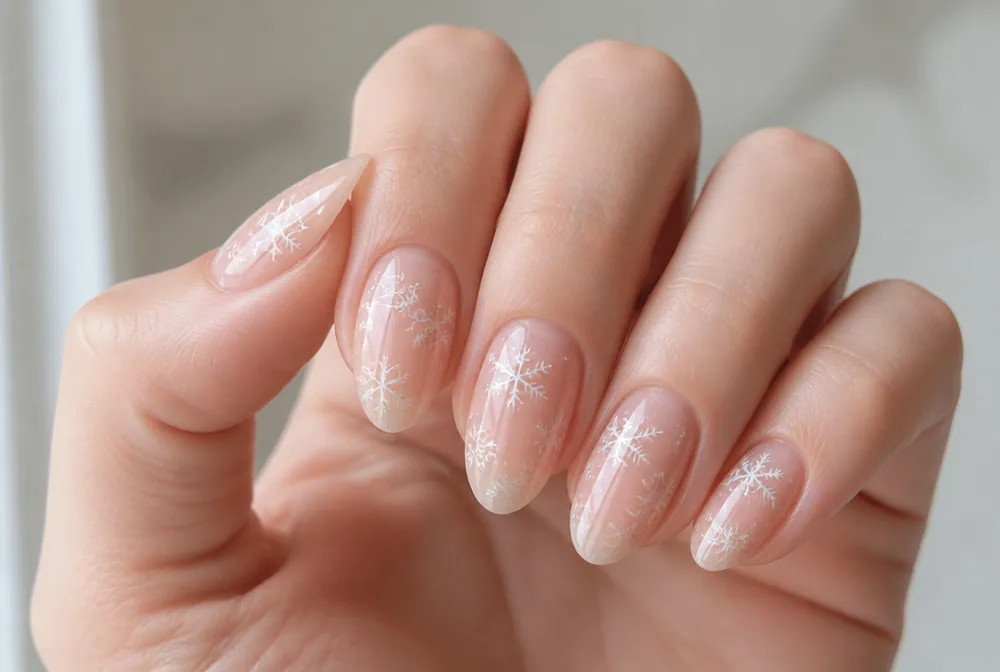 scattered micro snowflake nail art on sheer base