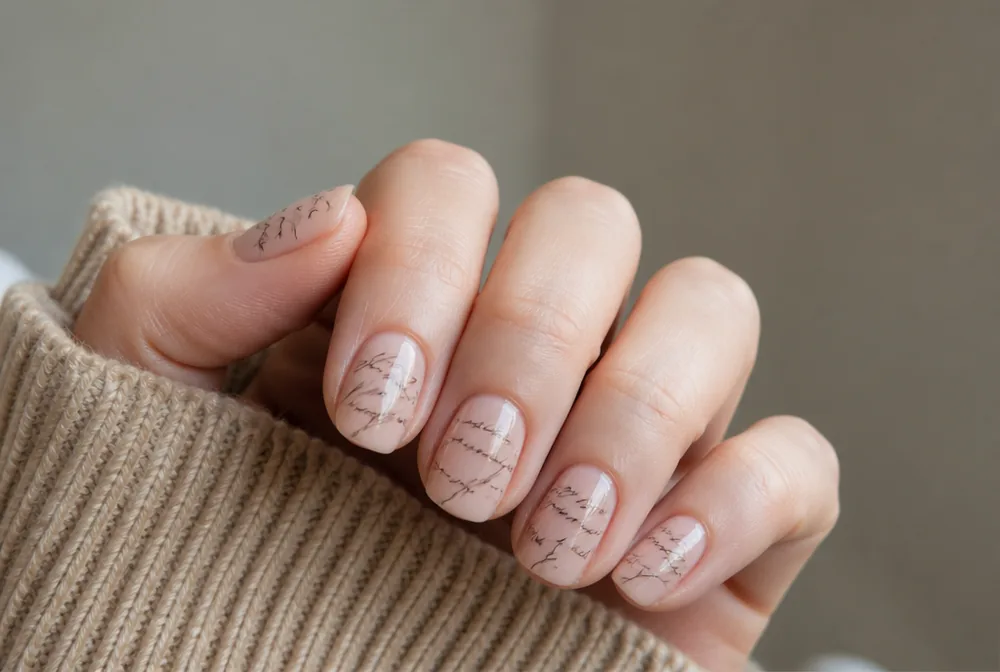 script text stamped nails on nude base