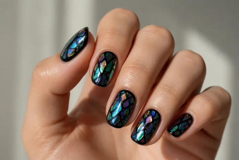 shattered glass nails with iridescent foil shards