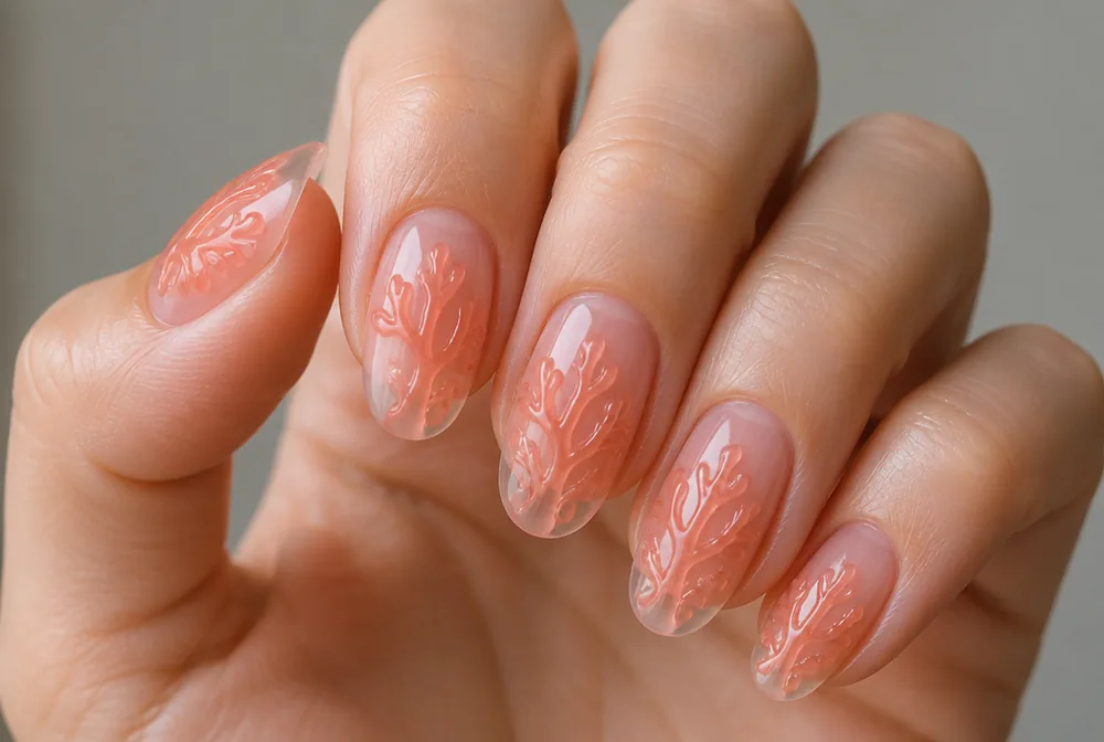 sheer coral jelly nails with translucent finish