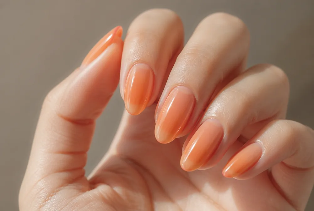 sheer orange jelly nails with translucent finish - PolishedAndPrettyNails.com sheer orange jelly nails with translucent finish