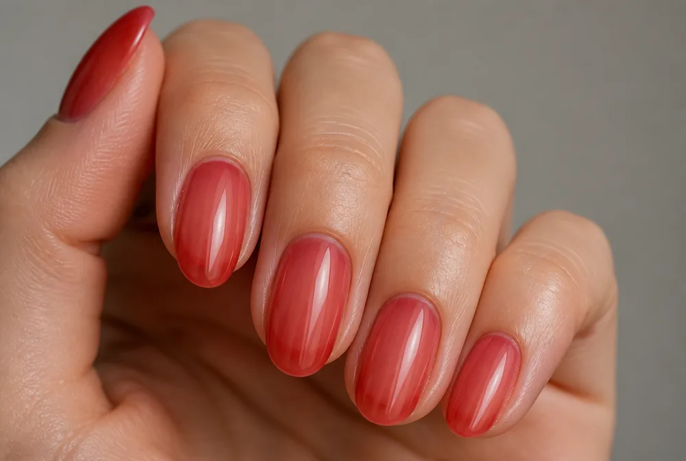 sheer red jelly Christmas nails with translucent finish