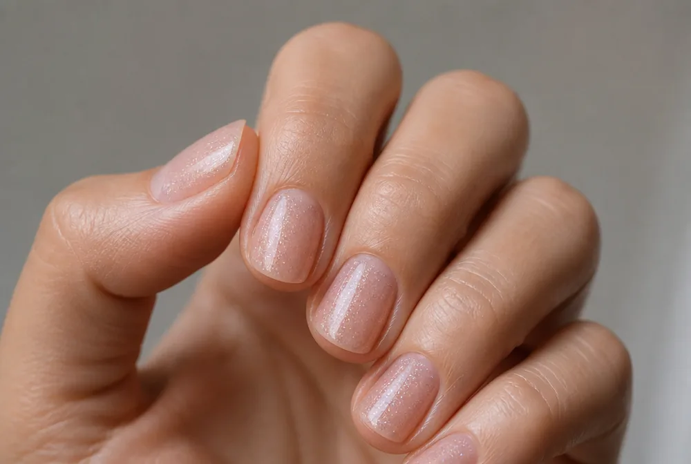 sheer sparkle topper over bare birthday nails