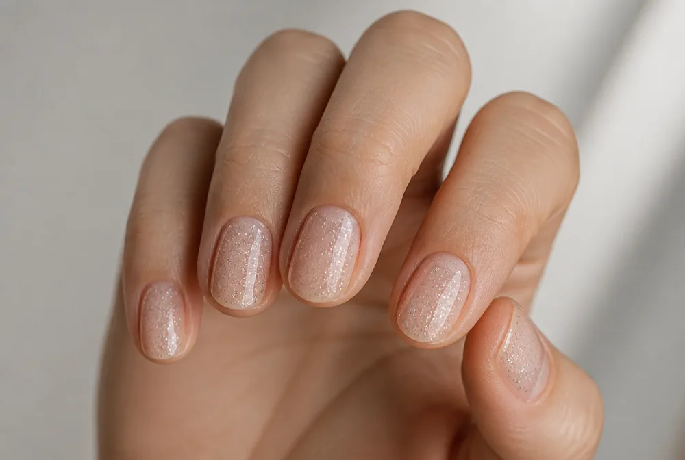 sheer sparkle topper over bare January nails