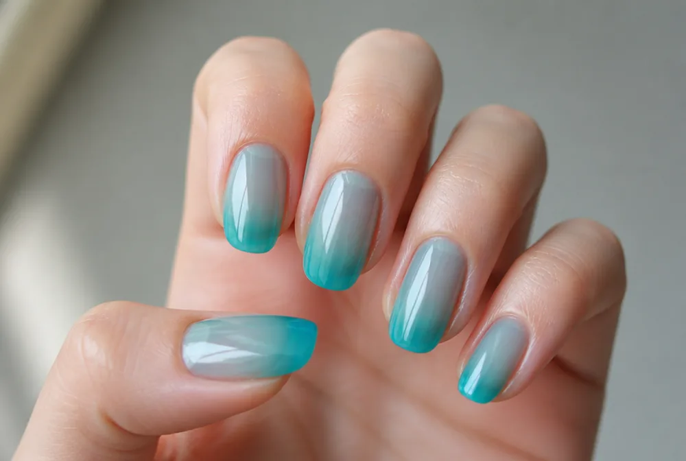 sheer teal jelly nails with translucent finish