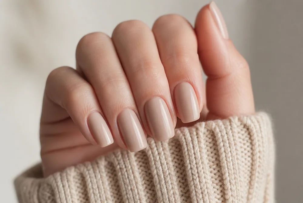short nude coffin nails on natural length