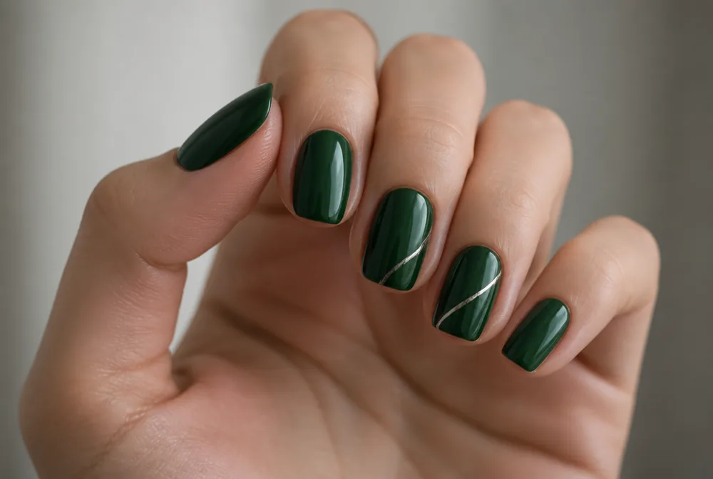 silver accents on emerald green nails - PolishedAndPrettyNails.com silver accents on emerald green nails