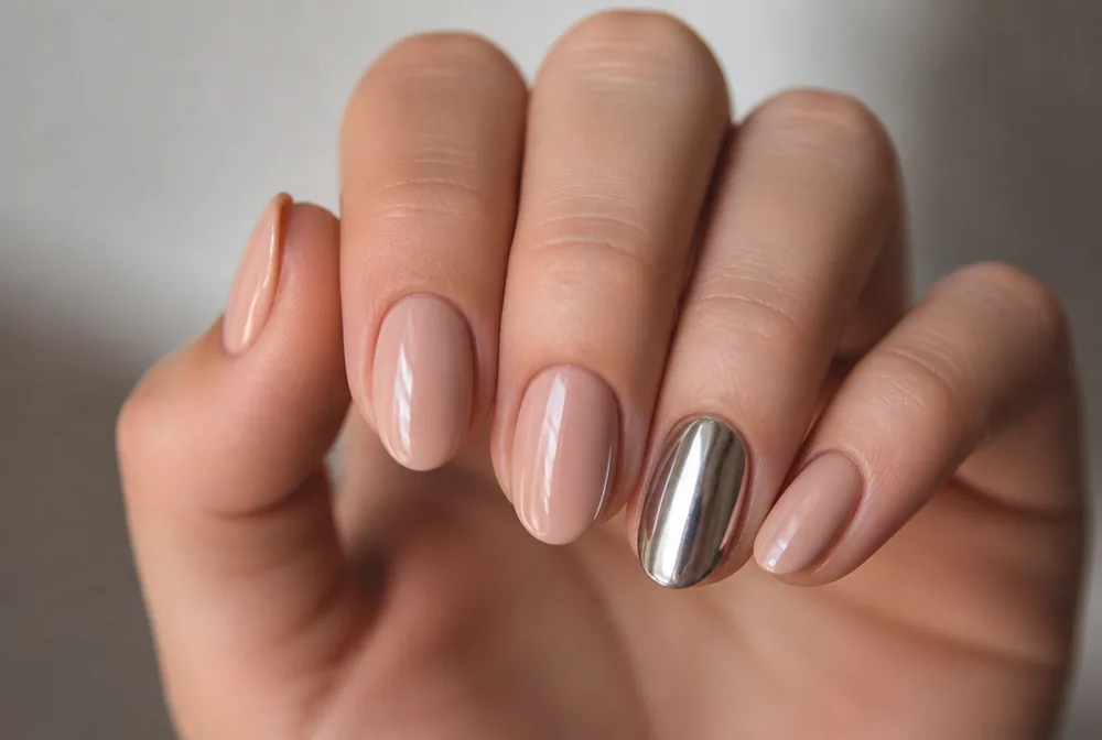 silver chrome accent nail with a black dress - PolishedAndPrettyNails.com silver chrome accent nail with a black dress