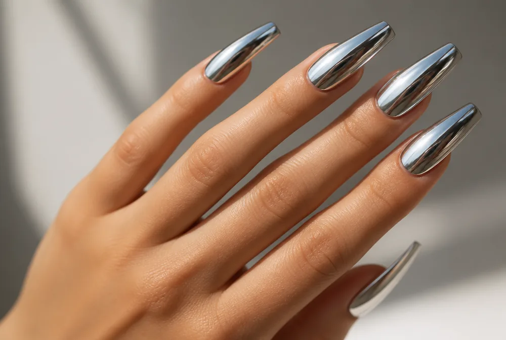 silver chrome coffin nails with mirror finish