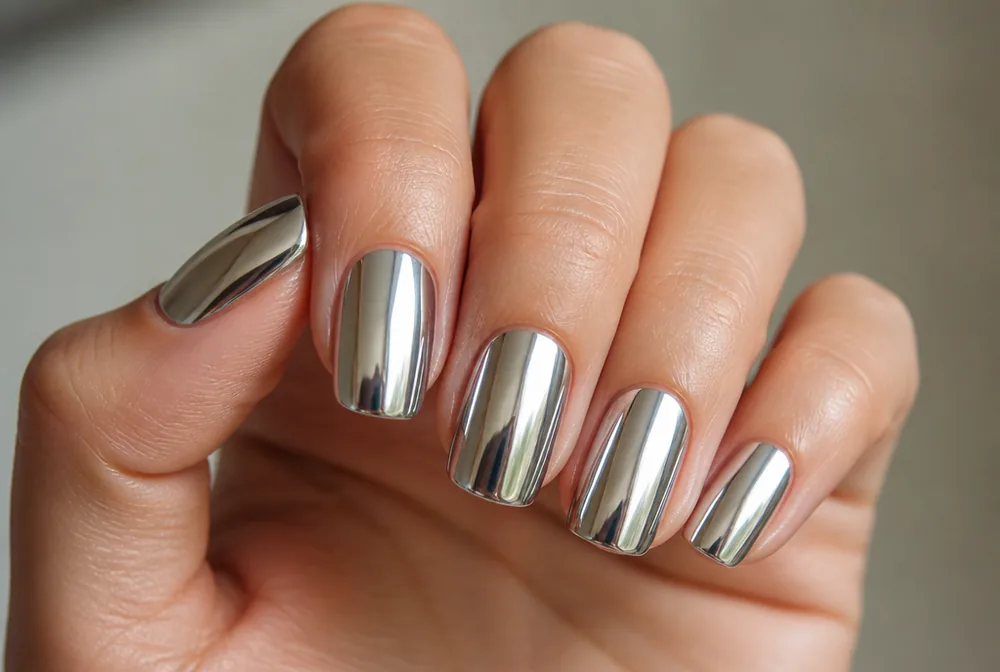 silver chrome mirror press on nails - PolishedAndPrettyNails.com silver chrome mirror press on nails