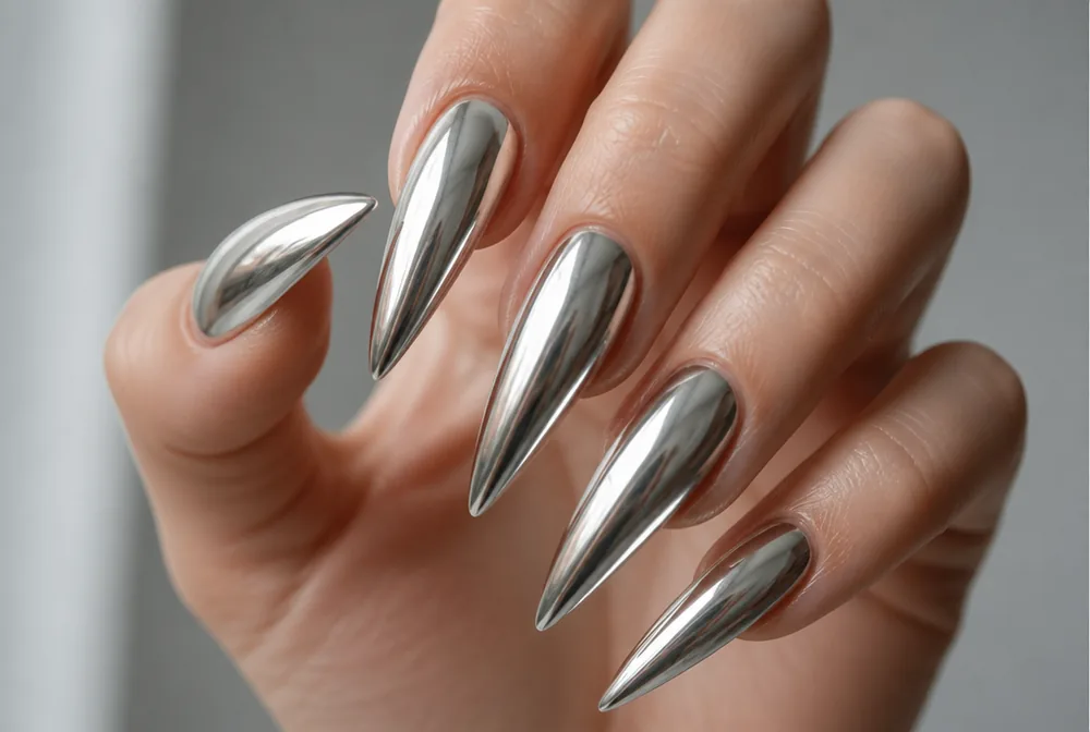 silver chrome stiletto nails with mirror finish