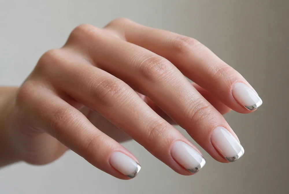 silver chrome tip nails on milky base - PolishedAndPrettyNails.com silver chrome tip nails on milky base