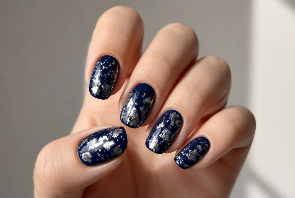 silver foil flakes on navy nails