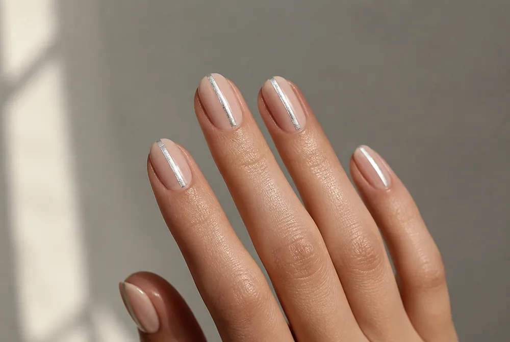 silver foil stripe nails on nude base