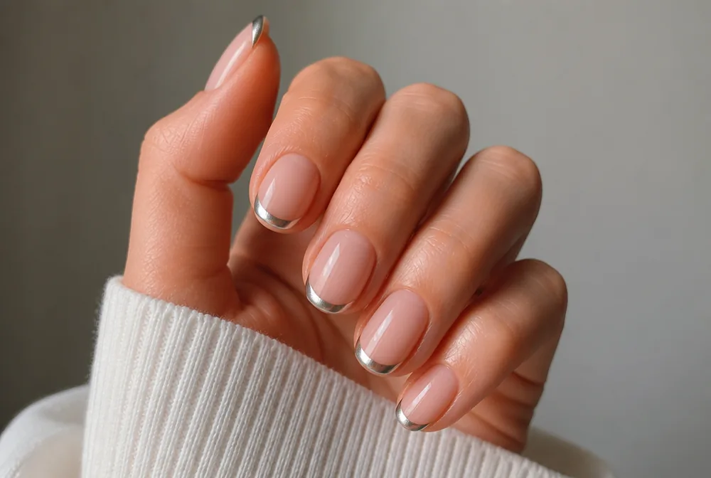 silver French tip New Years nails on nude base - PolishedAndPrettyNails.com silver French tip New Years nails on nude base