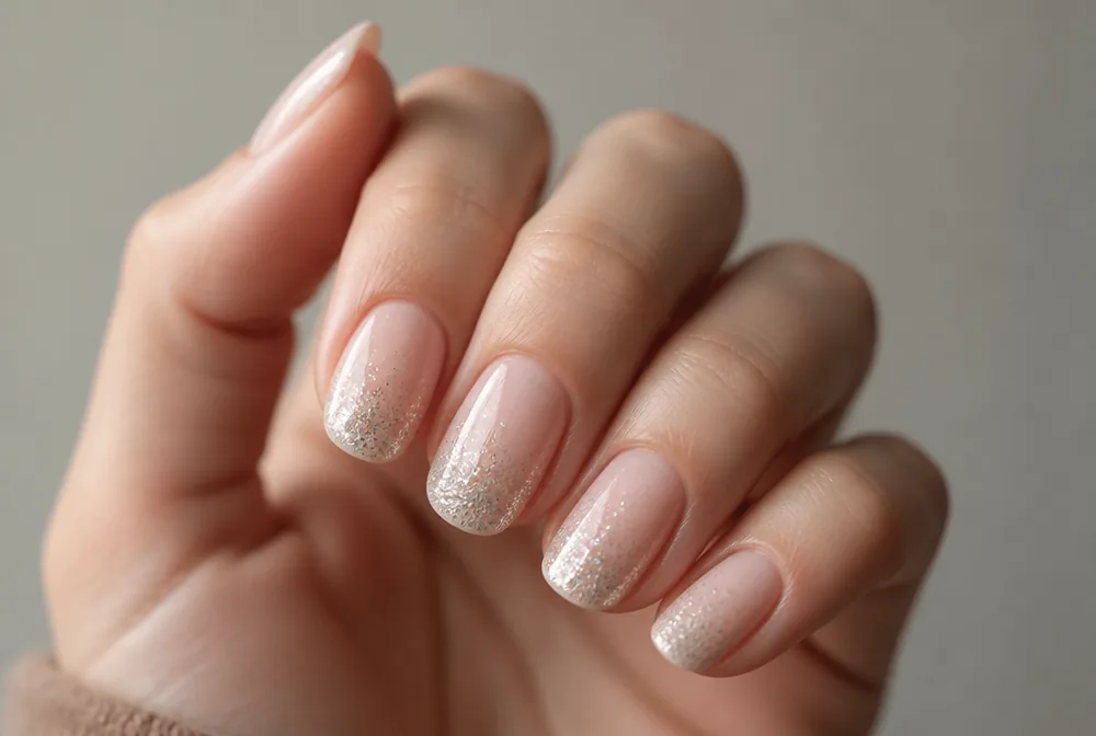 silver glitter ombre nails on nude base - PolishedAndPrettyNails.com silver glitter ombre nails on nude base