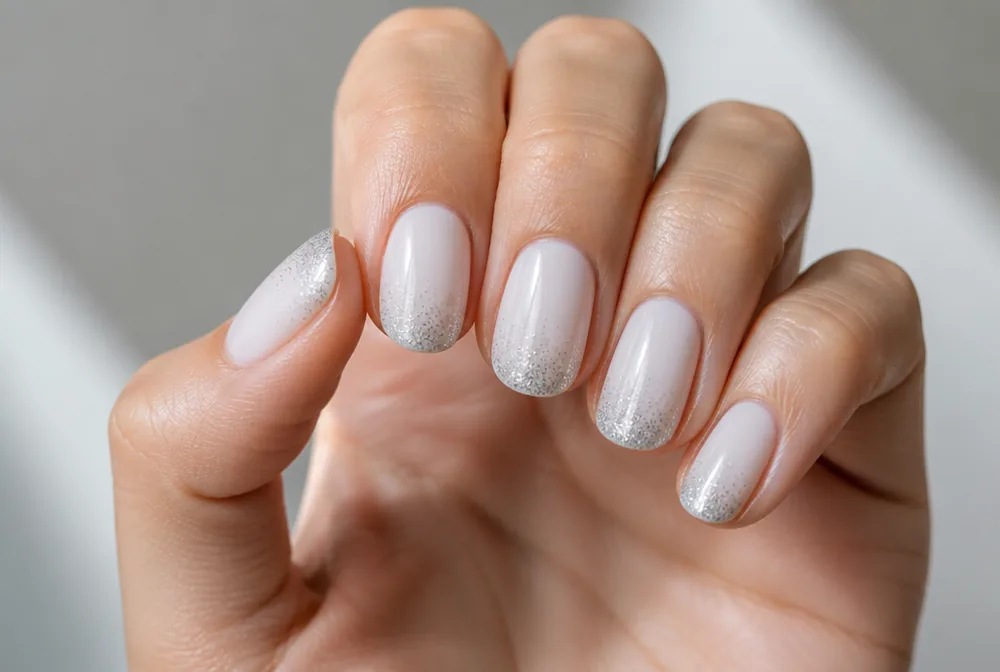 silver glitter tip nails on milky white base