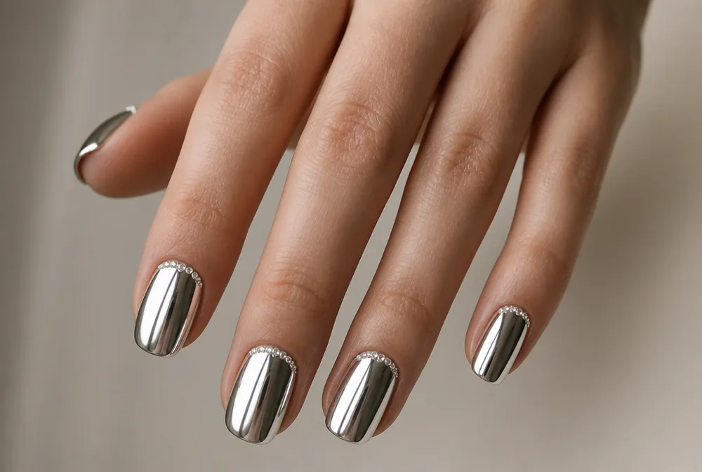 silver nails with rhinestone cuticle detail - PolishedAndPrettyNails.com silver nails with rhinestone cuticle detail