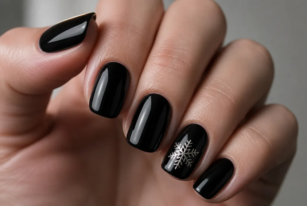 silver snowflake on black winter nail art