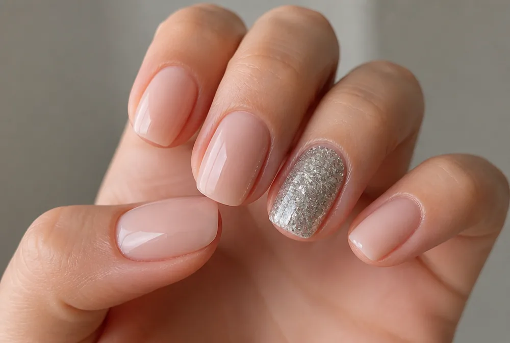 single glitter accent nail on nude manicure