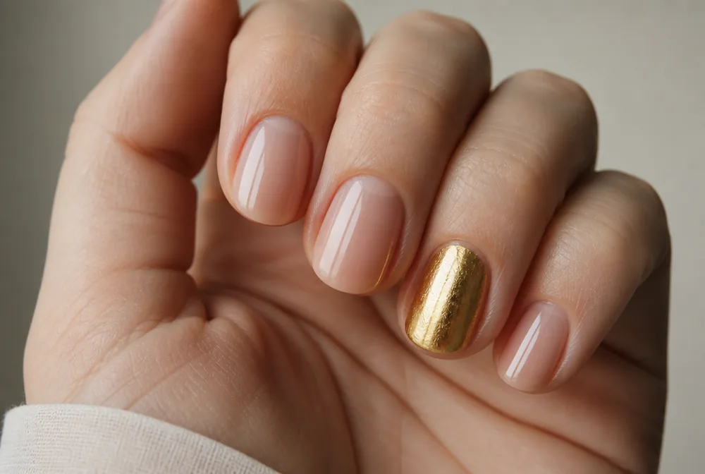 single gold foil accent nail with nude nails