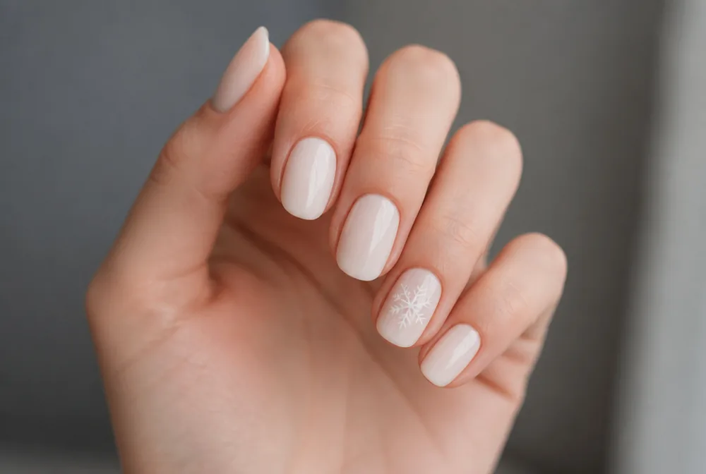 single snowflake accent nail on milky white December base