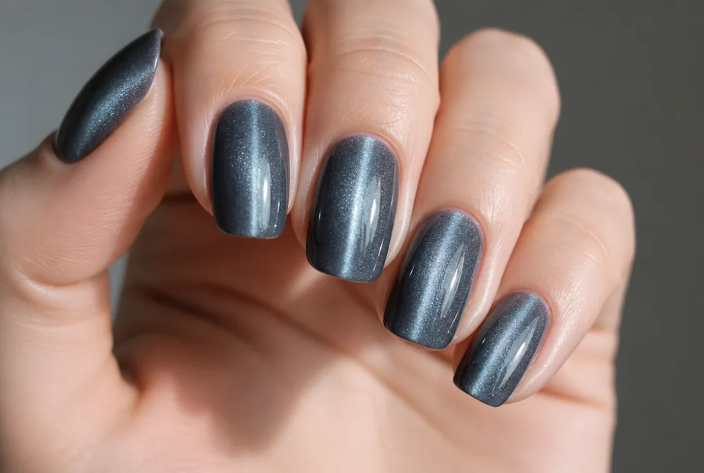 slate blue cat eye December nails with magnetic effect