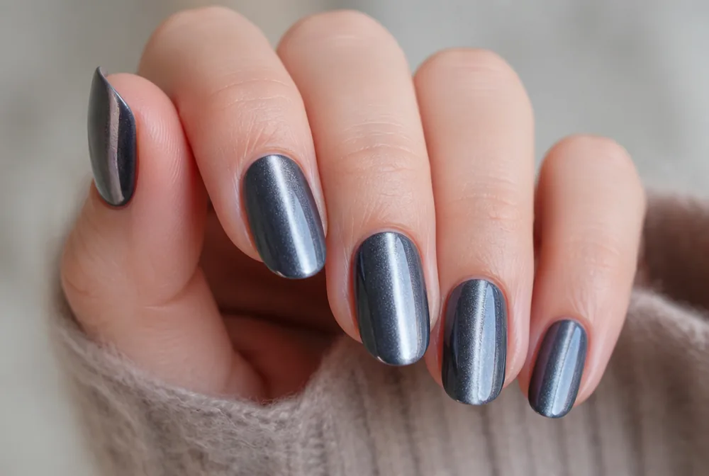 slate blue cat eye magnetic nails with light stripe