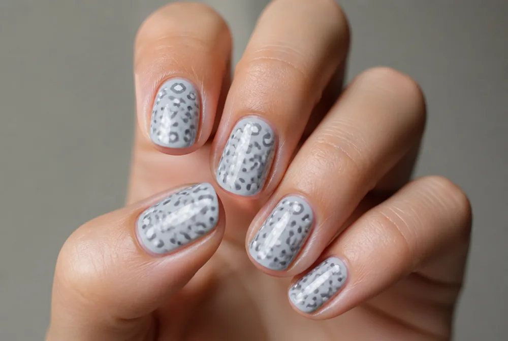 snow leopard print nails in gray and white