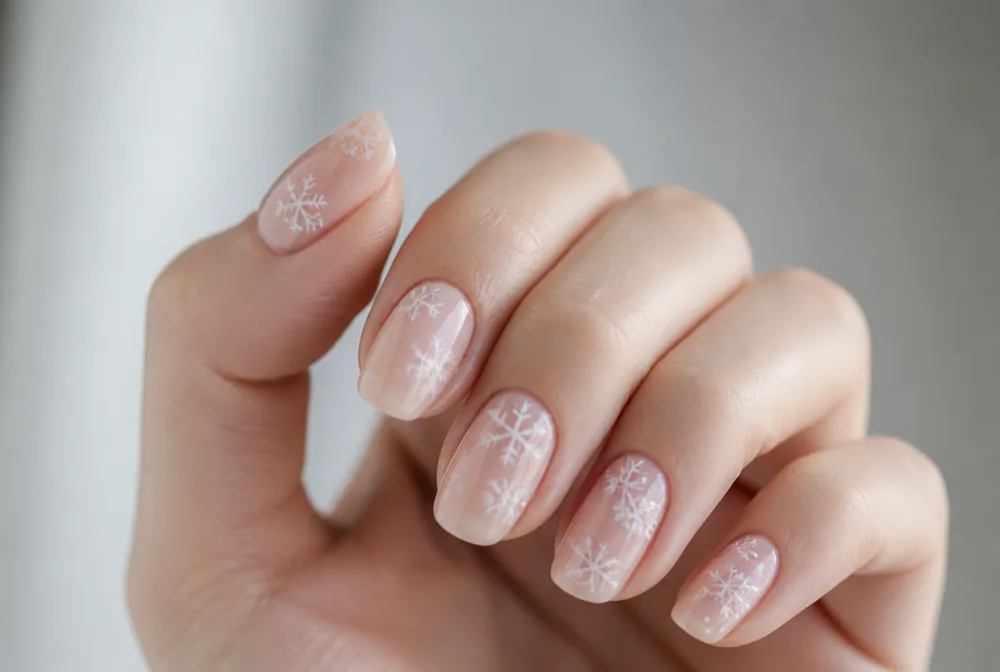 snowflake nail decals applied over nude base